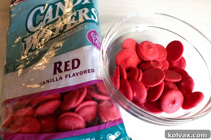 Red Candy Wafers ready for melting for homemade Star Wars Lightsaber Pretzels