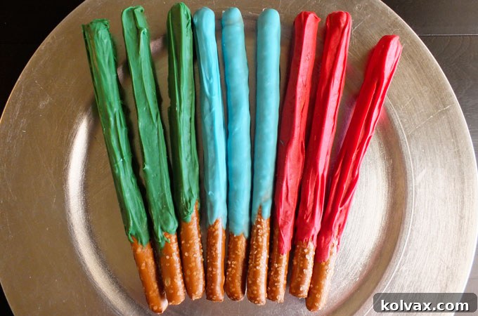 Finished Lightsaber Pretzels, ready to be served as Star Wars themed snacks or dessert