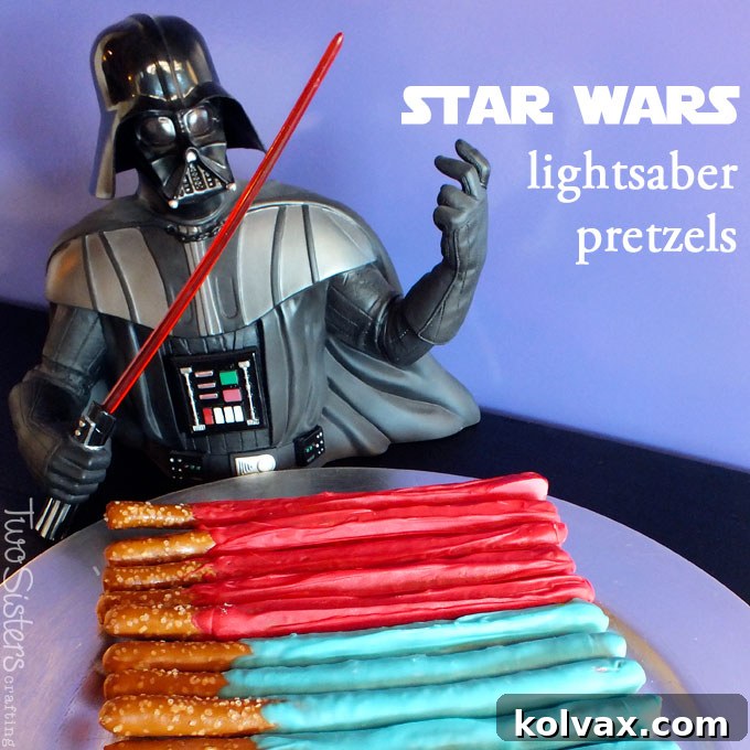 Celebrate Star Wars Day with these adorable and yummy Star Wars Lightsaber Pretzels. They are a great Star Wars Party Dessert or a fun snack for a Star Wars Movie Watching party. Follow us for more fun Star Wars Birthday Party ideas and May the 4th be with you!