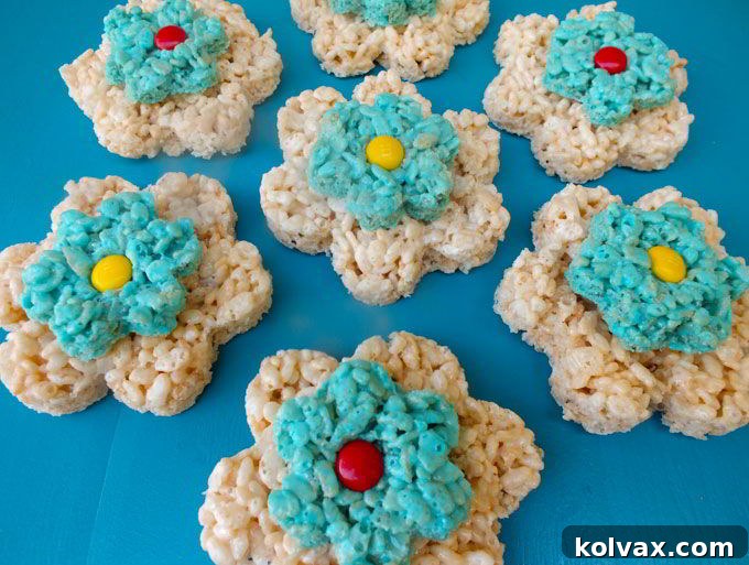 A plate of finished Flower Rice Krispie Treats with M&M centers