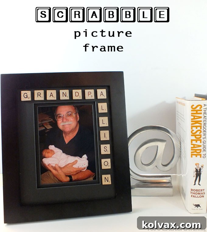 A finished Scrabble Picture Frame, a great personalized gift idea that's easy to make with a frame, glue, and spare Scrabble game tiles.