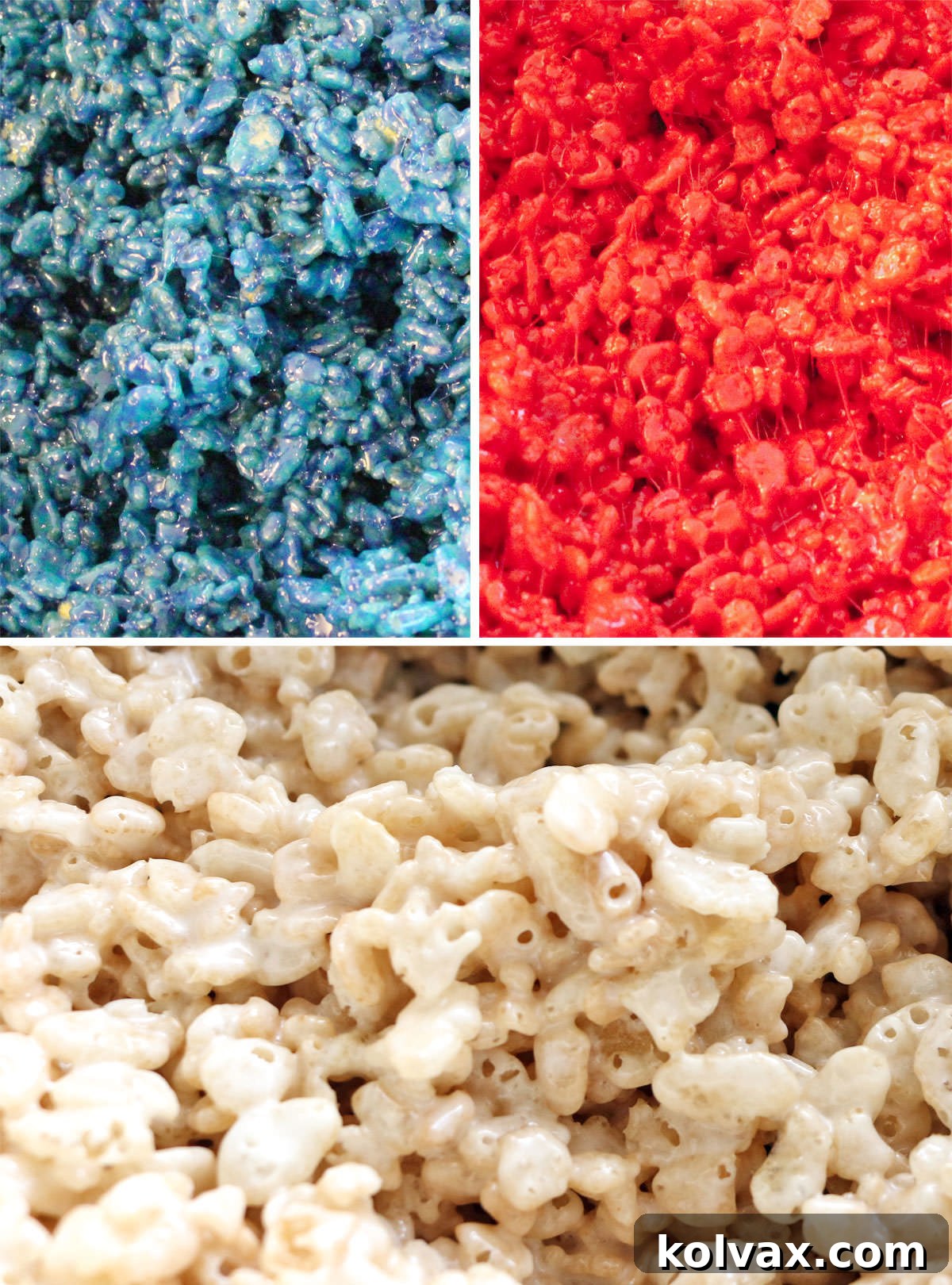 A collage of images demonstrating the process of coloring Rice Krispie Treat mixture in three separate bowls: vibrant blue, classic white, and bold red.