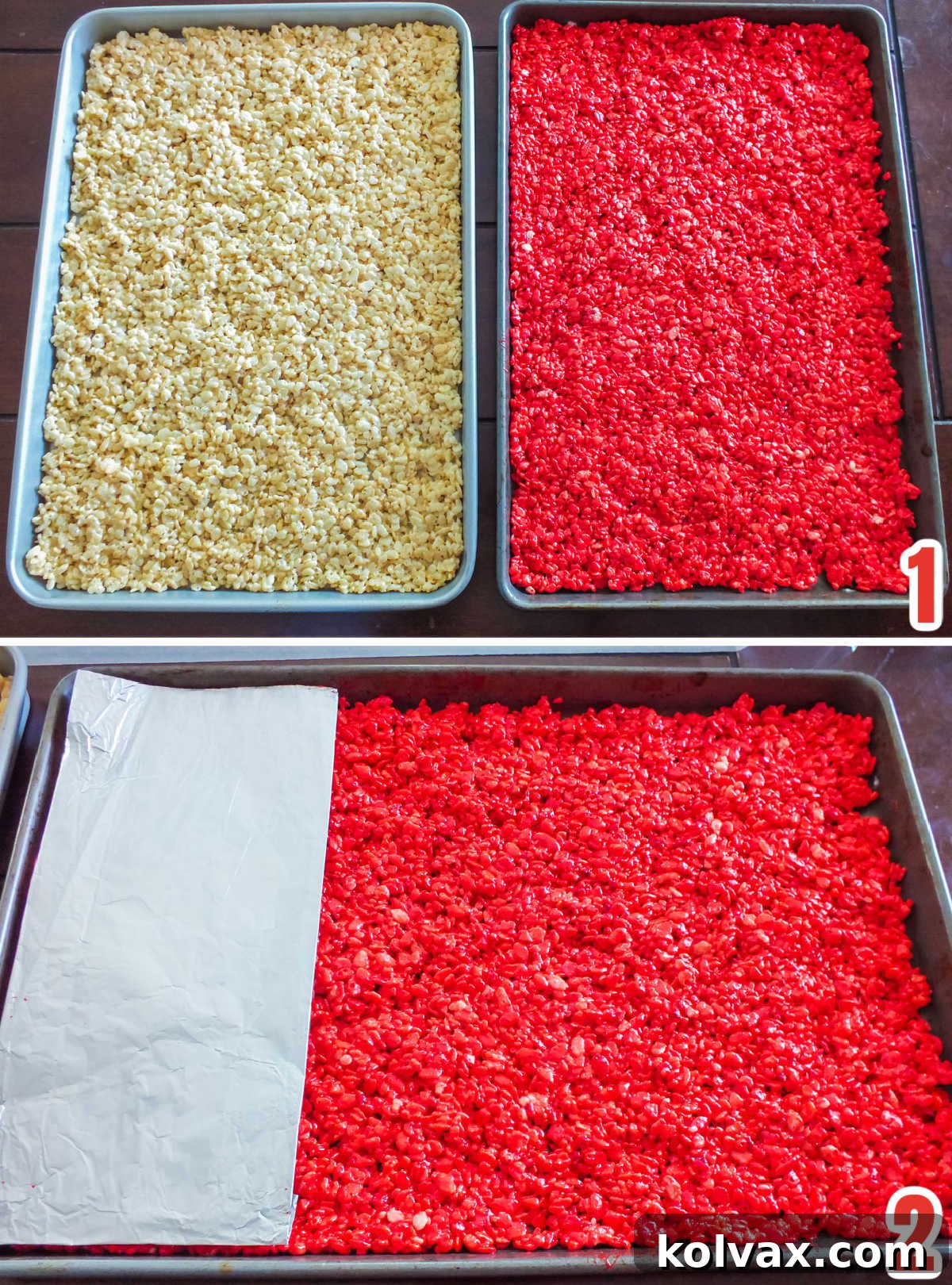 Top-down view of red and white Rice Krispie Treat mixtures in cookie sheets, ready for cutting into stripes.