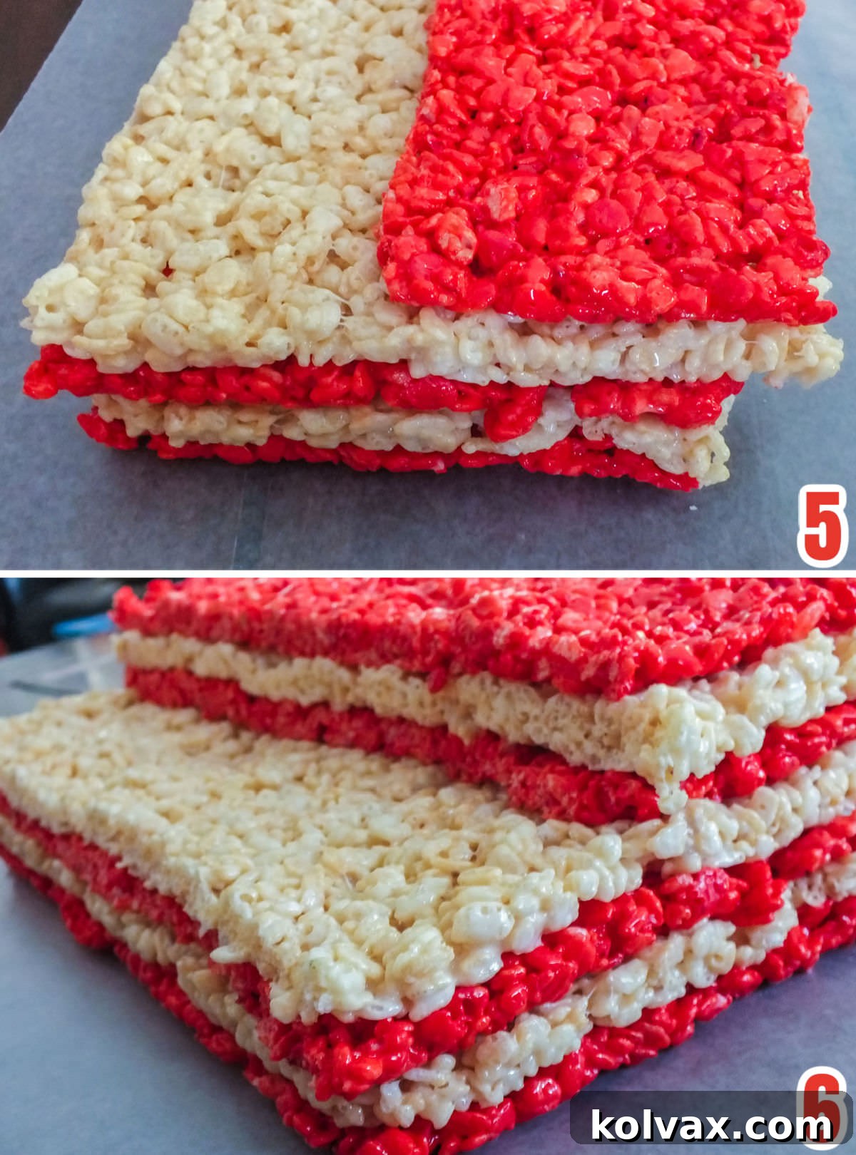 Collage image illustrating the careful layering of white and red Rice Krispie Treat sections to form the iconic stripes of the American Flag.