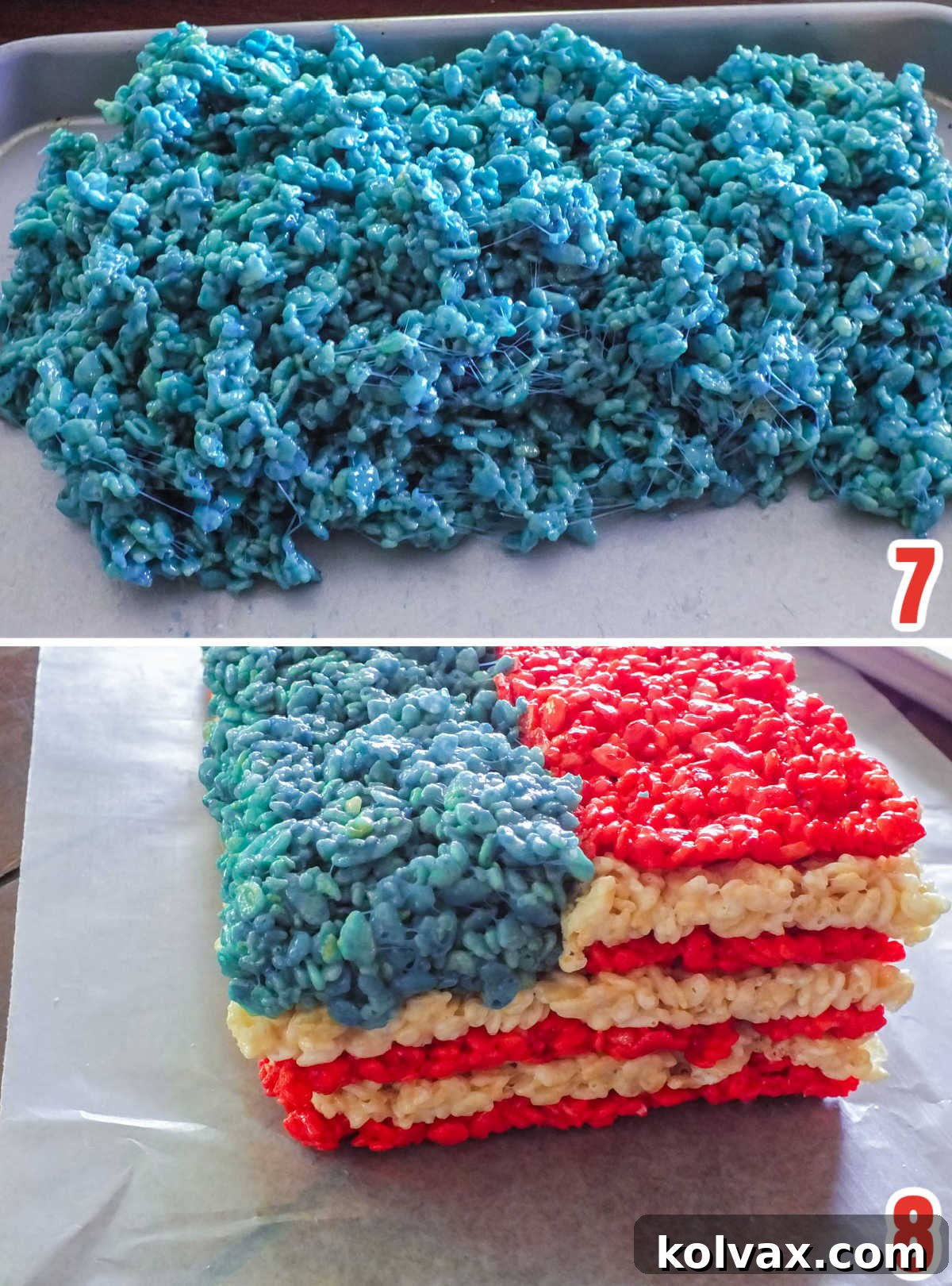 Collage image demonstrating how to carefully add the blue Rice Krispie Treat area to complete the American Flag design.