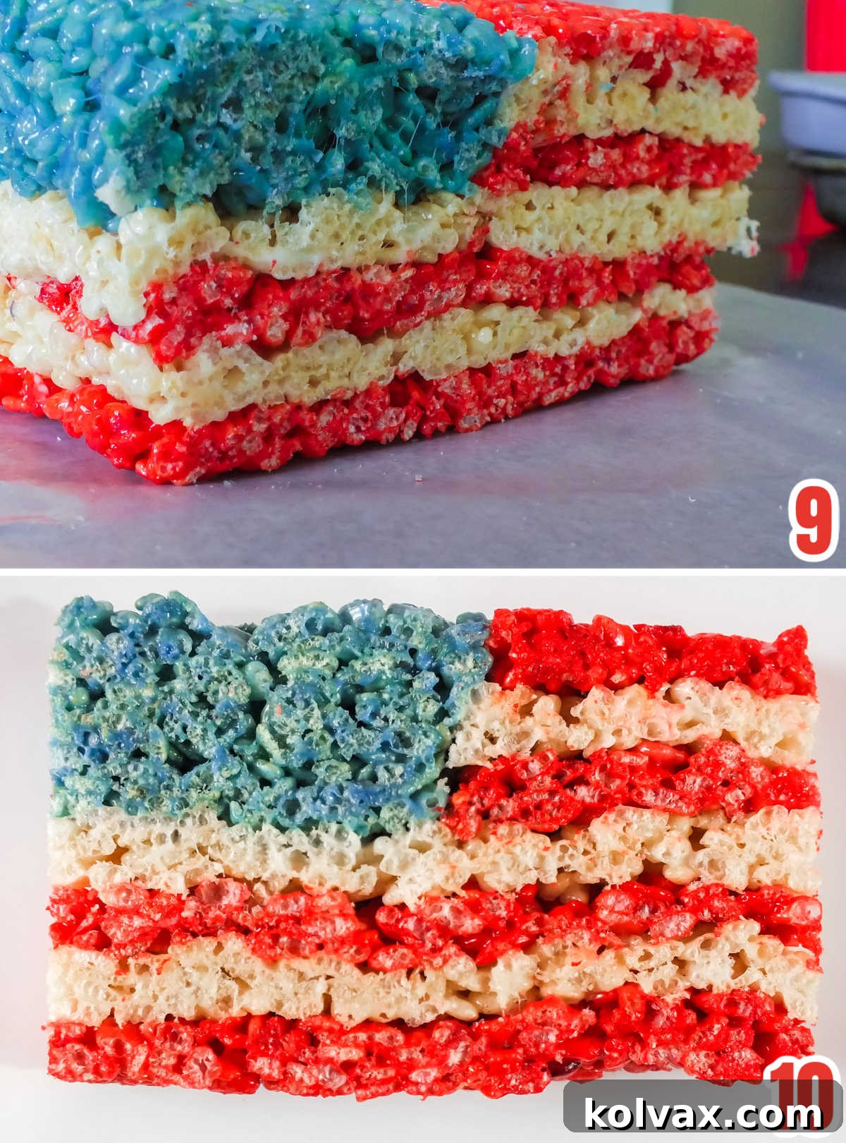 Collage image showcasing the final stages of creating 4th of July Rice Krispie Treats by slicing the fully assembled flag loaf into individual, perfectly shaped pieces.