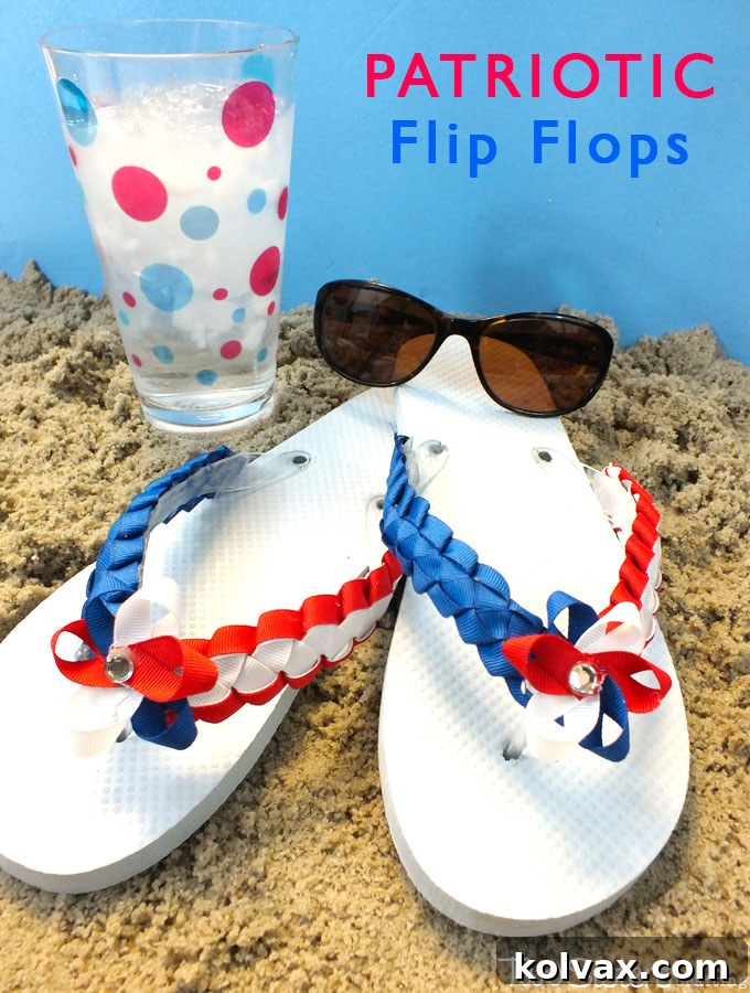 I made a little red, white and blue pinwheel with remnant ribbon, glued a rhinestone on and ten glued that at the junction of the ribbon. Viola!! Patriotic footwear. 