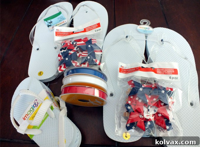 When I was in college I met a girl who was obsessed with making fabric covered baskets. I thought she was the most talented crafter I had ever met. I spent the year making fabric covered baskets for anyone who wanted one, which was mostly just my mom. One of the details of the fabric covered basket was the braided trim. I had forgotten about braiding ribbon until just recently, so when Laurie and I were talking about 4th of July crafts I knew what I wanted to do. I think these 4th of July flip flops turned out adorable.