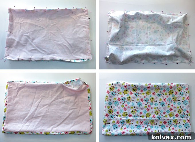 Pinning and sewing the two fabric pieces together, leaving an opening for stuffing.