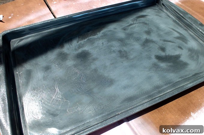 Sanding down the non-stick surface of a cookie sheet for better paint adhesion on DIY travel tray.
