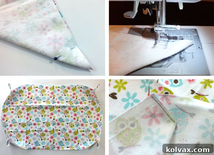 Sewing 1.5-inch seams at each corner of the larger fabric piece to create the cushion's depth.