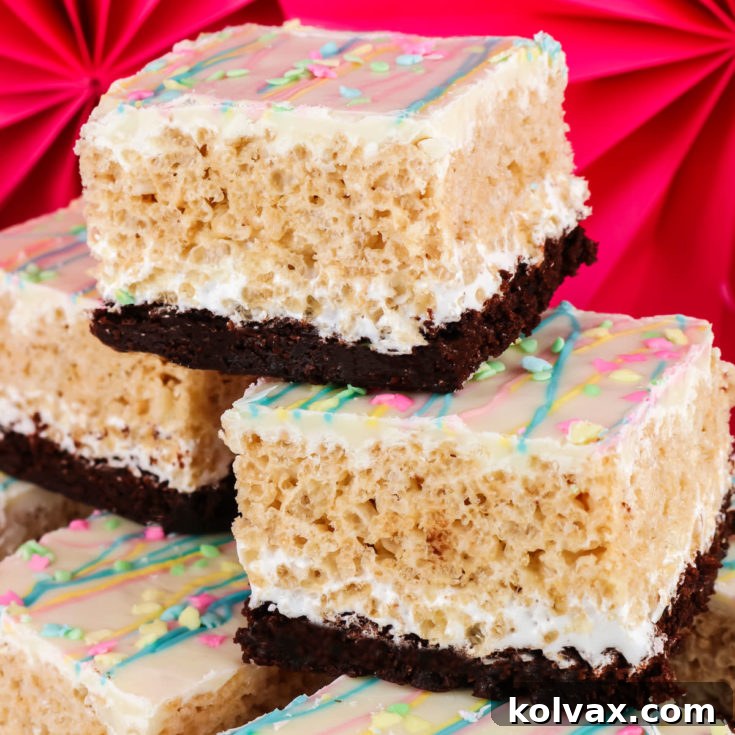 Brownie Rice Krispie Treats with all four layers visible, ready to be enjoyed.
