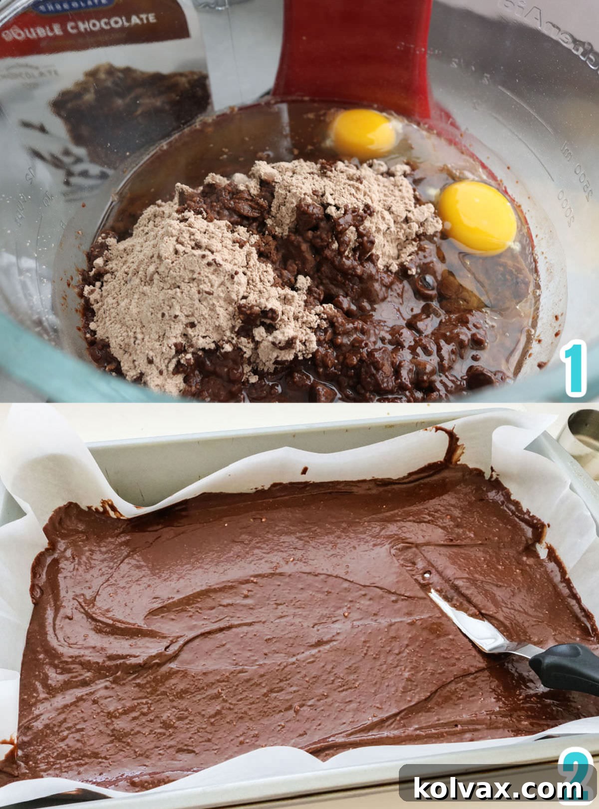 Collage image showing how to make the brownie layer for the dessert bar, including mixing and pouring batter.