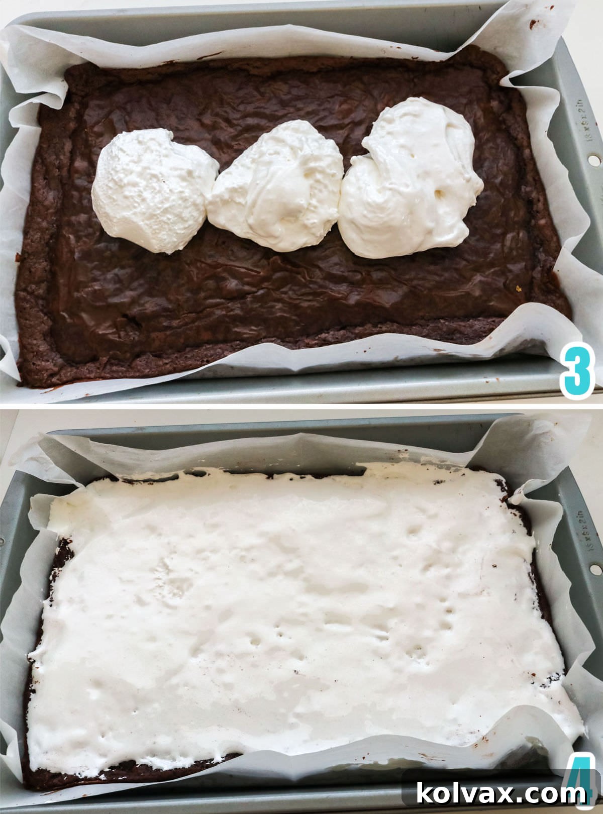 Collage image showing how to add the marshmallow fluff layer to the cooled brownie base.
