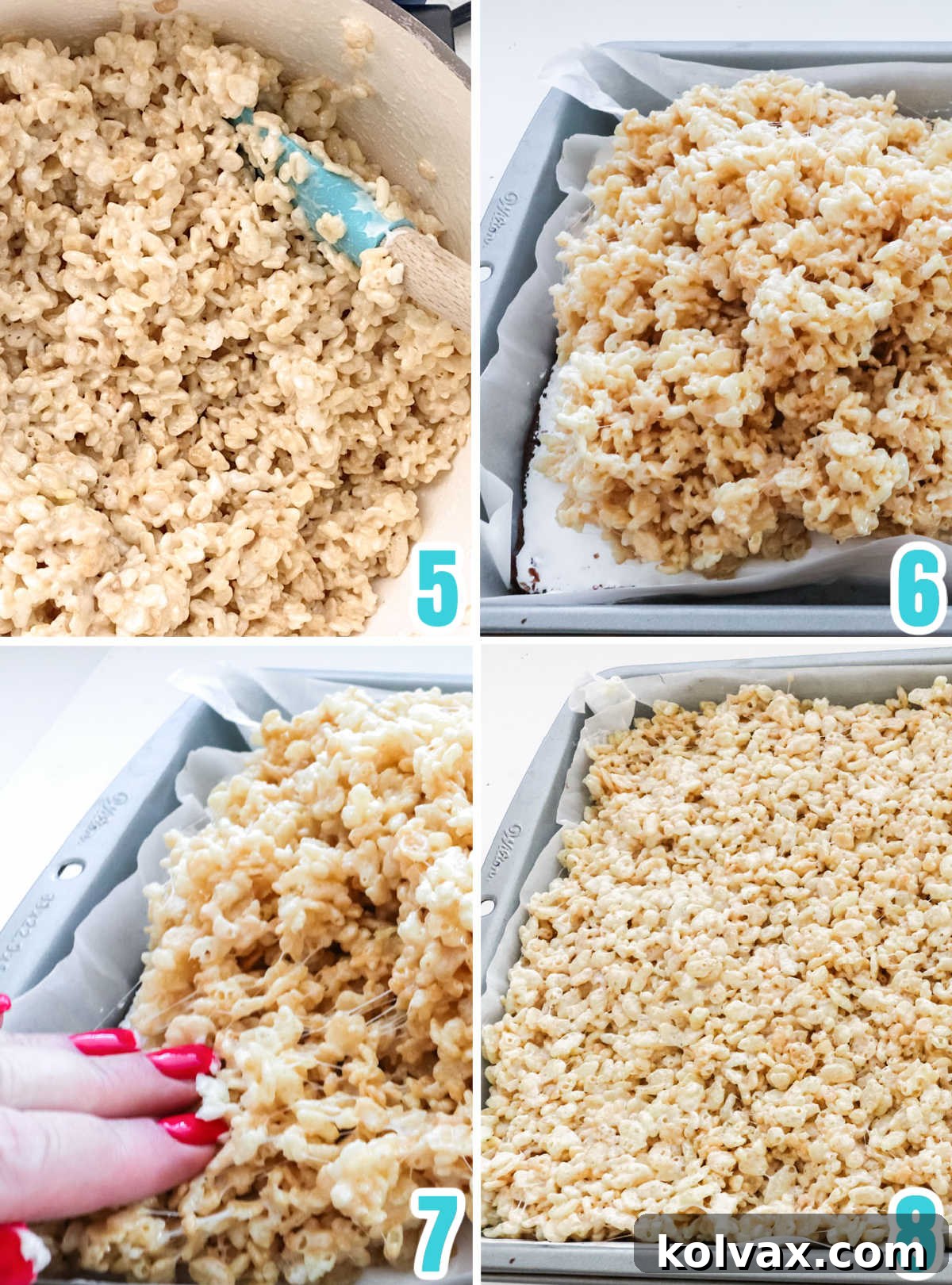 Collage image showing how to make the Rice Krispie Treat mixture and add it to the dessert bar layers.