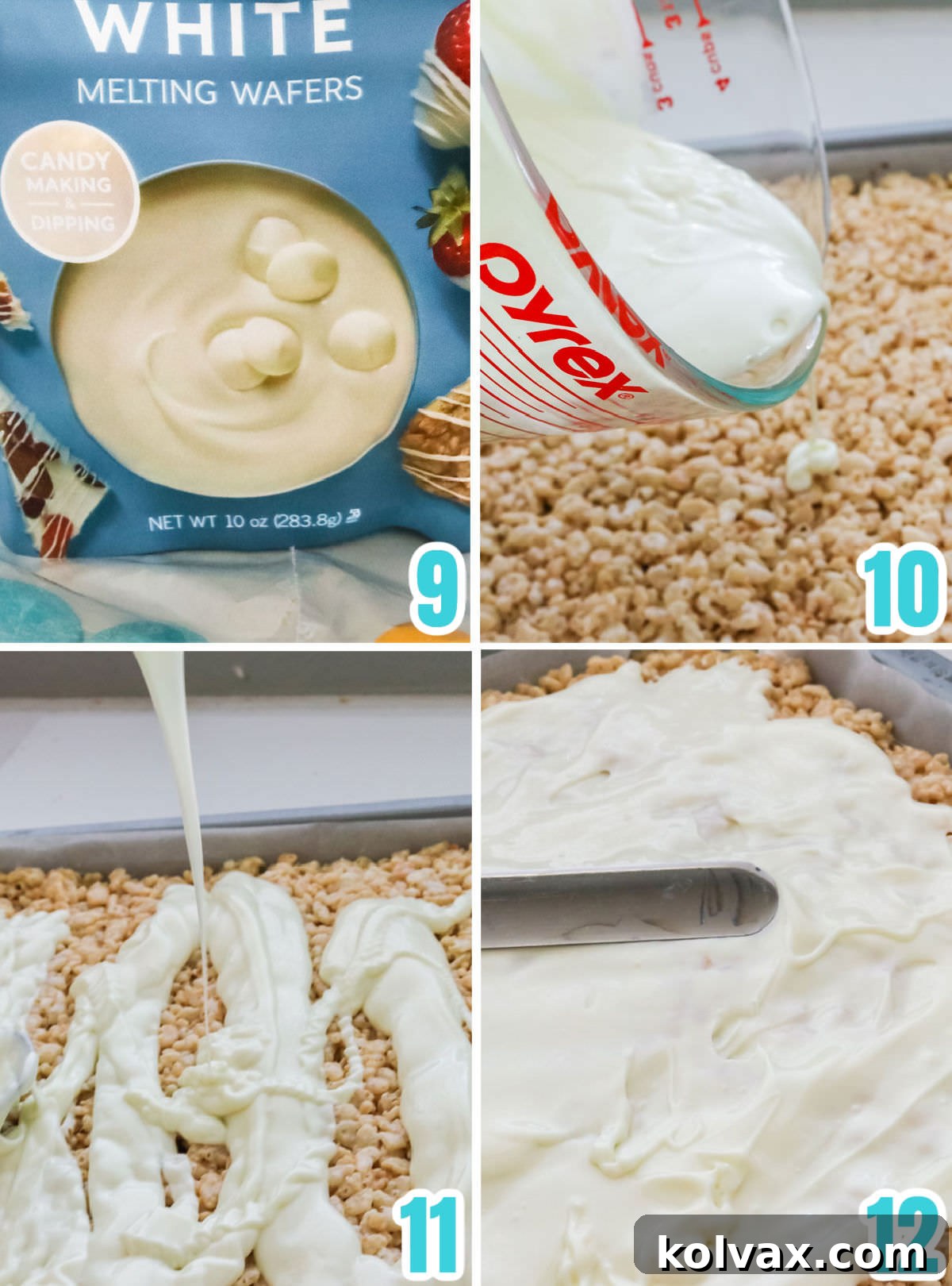 Collage image showing the steps required to add the white chocolate layer to the Brownie Rice Krispie Treats for a smooth finish.