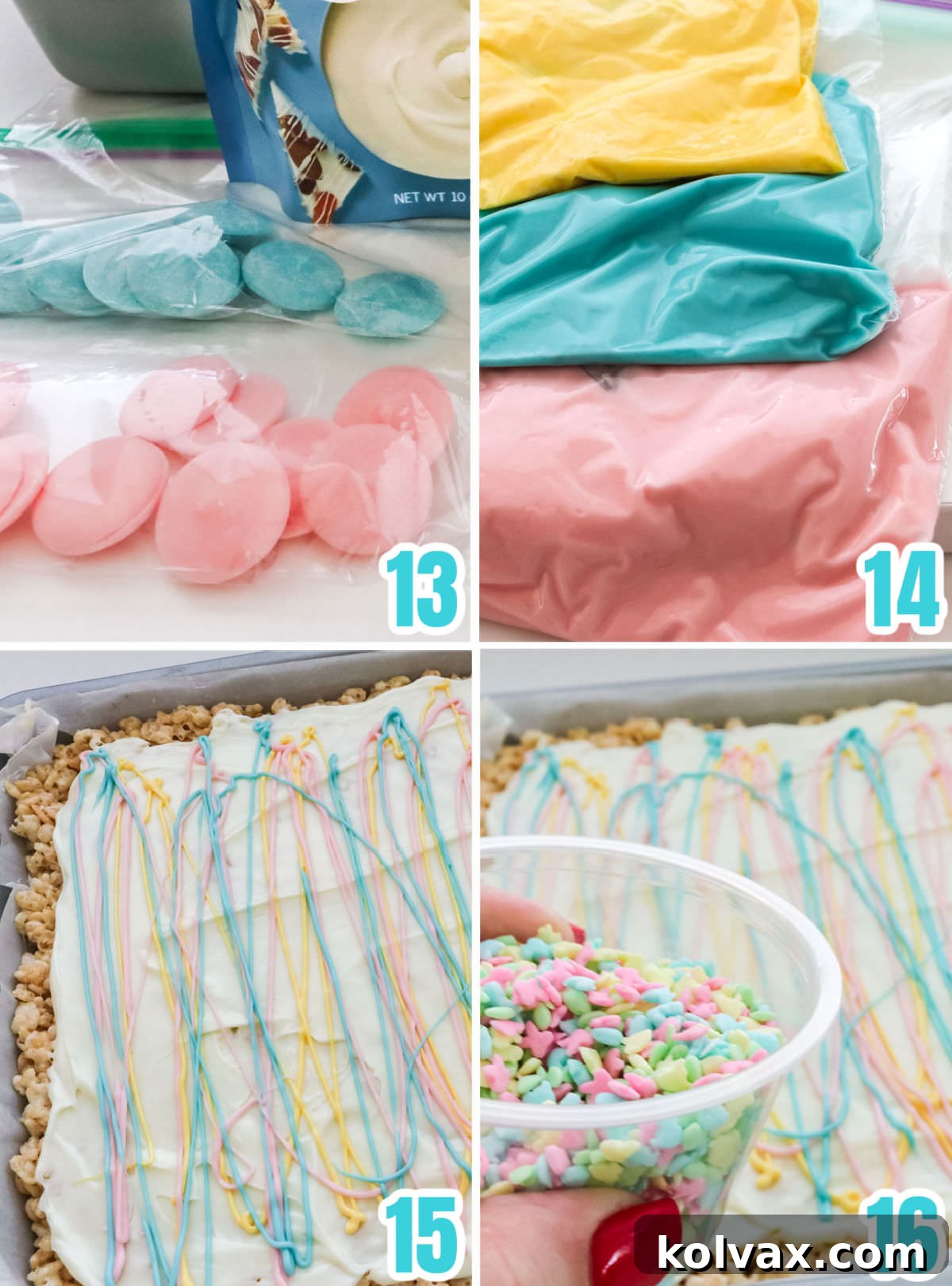 Collage image showing the steps required to decorate the top of the layered dessert bar with colorful drizzles and sprinkles.