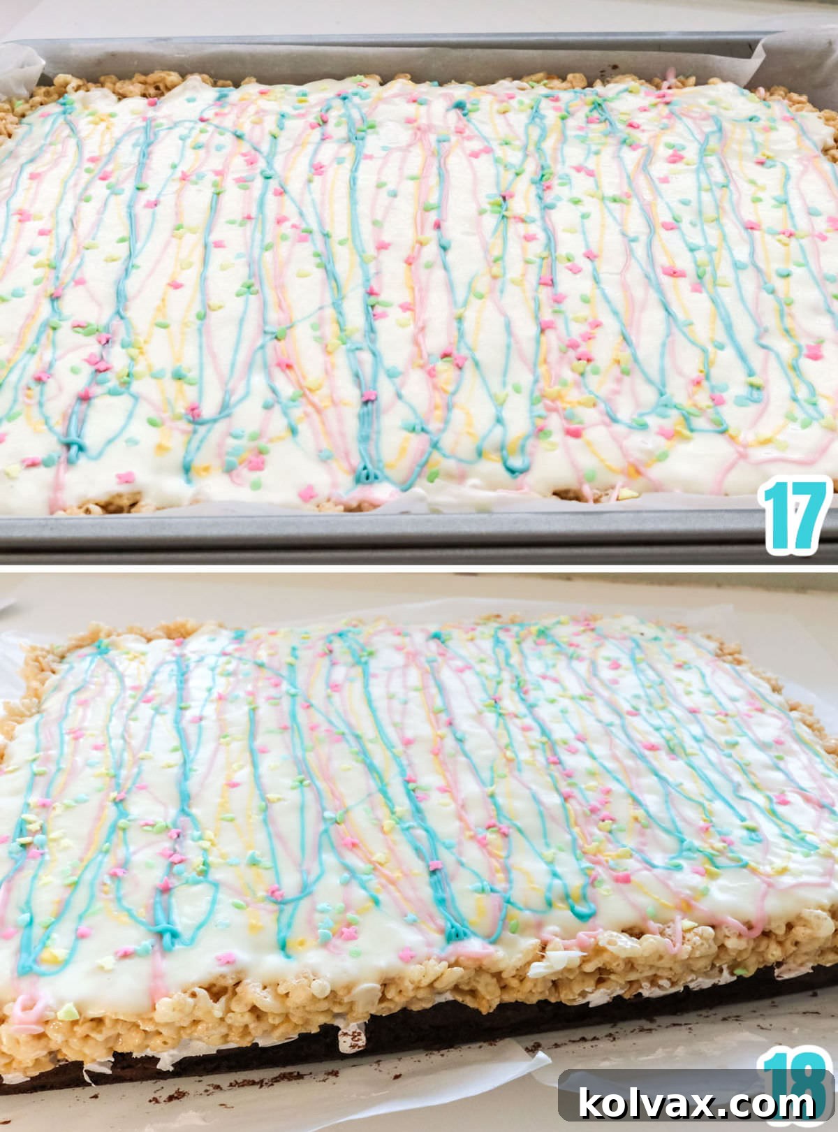 Collage image showing how to take the dessert bars out of the pan using parchment paper, ready to be sliced.