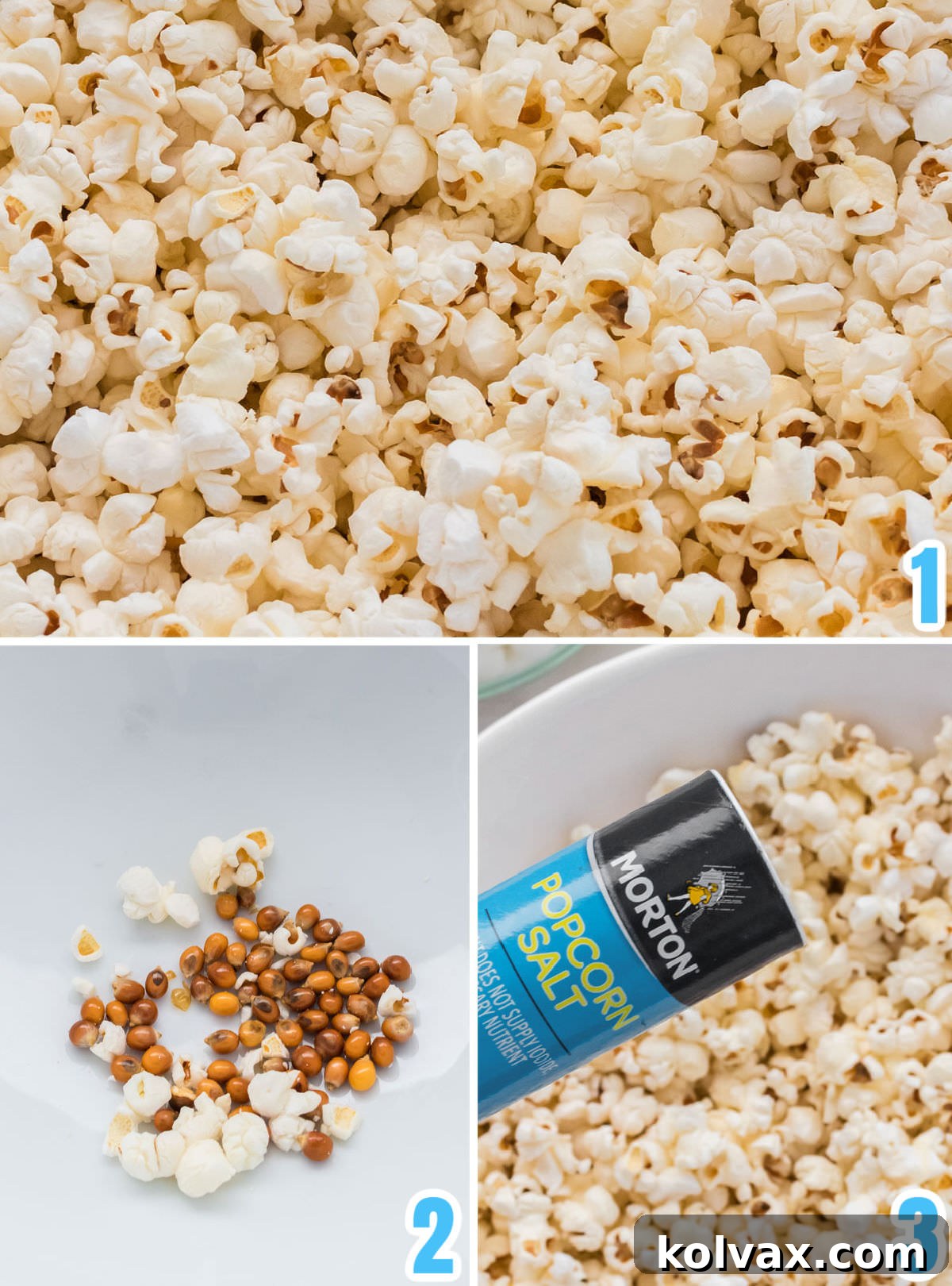 A visual step-by-step guide illustrating the process of making fresh homemade popcorn, from kernels to a fluffy, ready-to-use base.