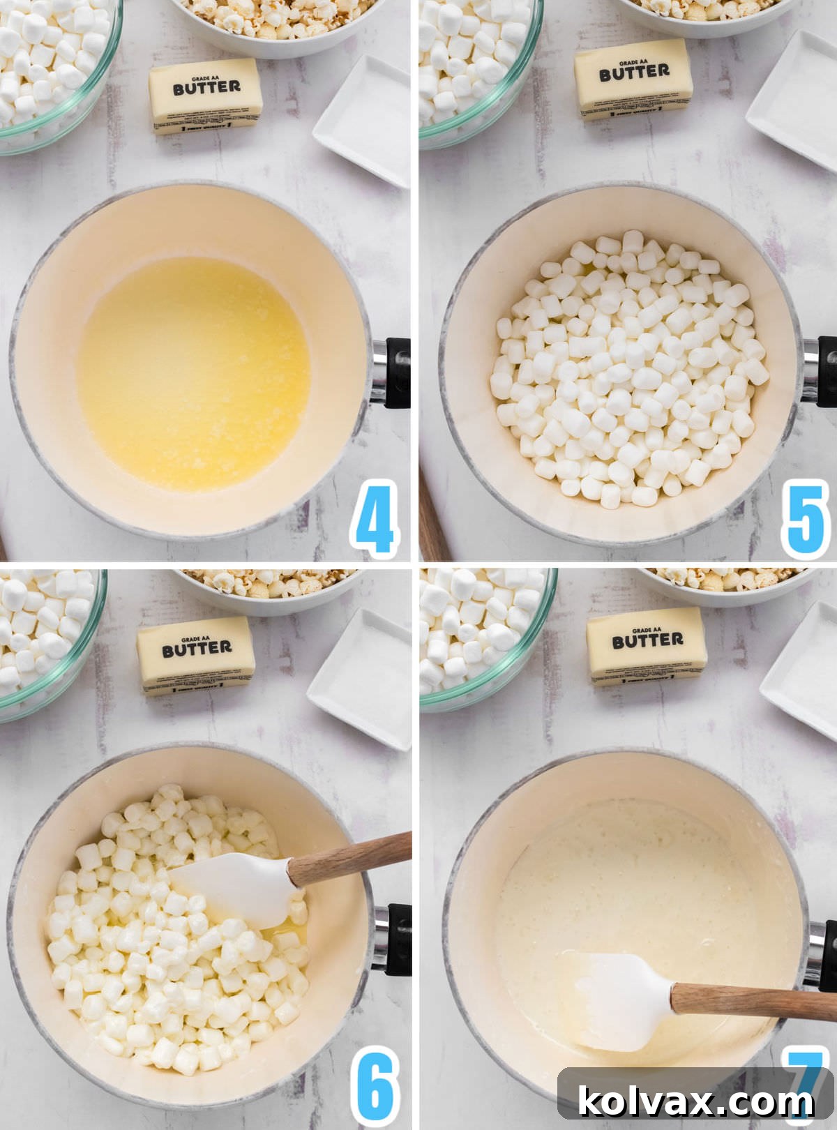 A collage of images demonstrating the process of preparing the smooth and gooey marshmallow mixture, showing butter melting and marshmallows transforming into a sticky liquid.