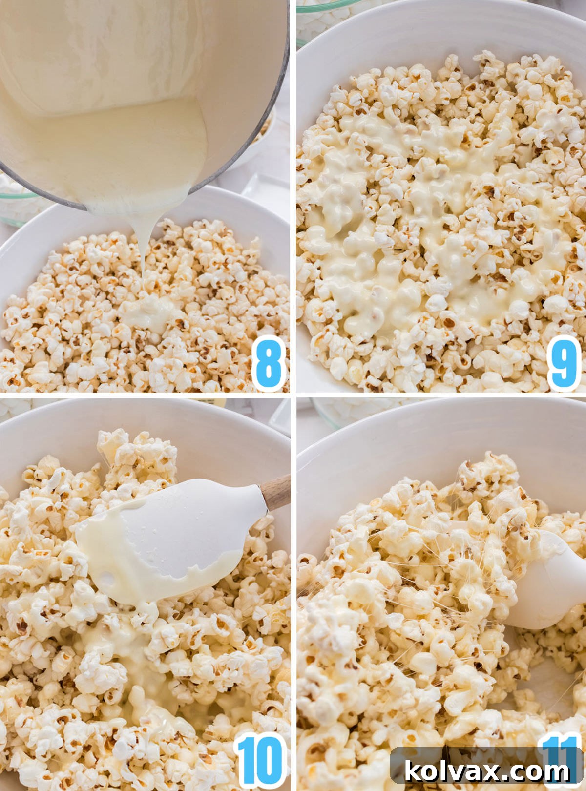 A step-by-step visual guide demonstrating how to thoroughly cover the popped popcorn with the warm, melted marshmallow mixture.