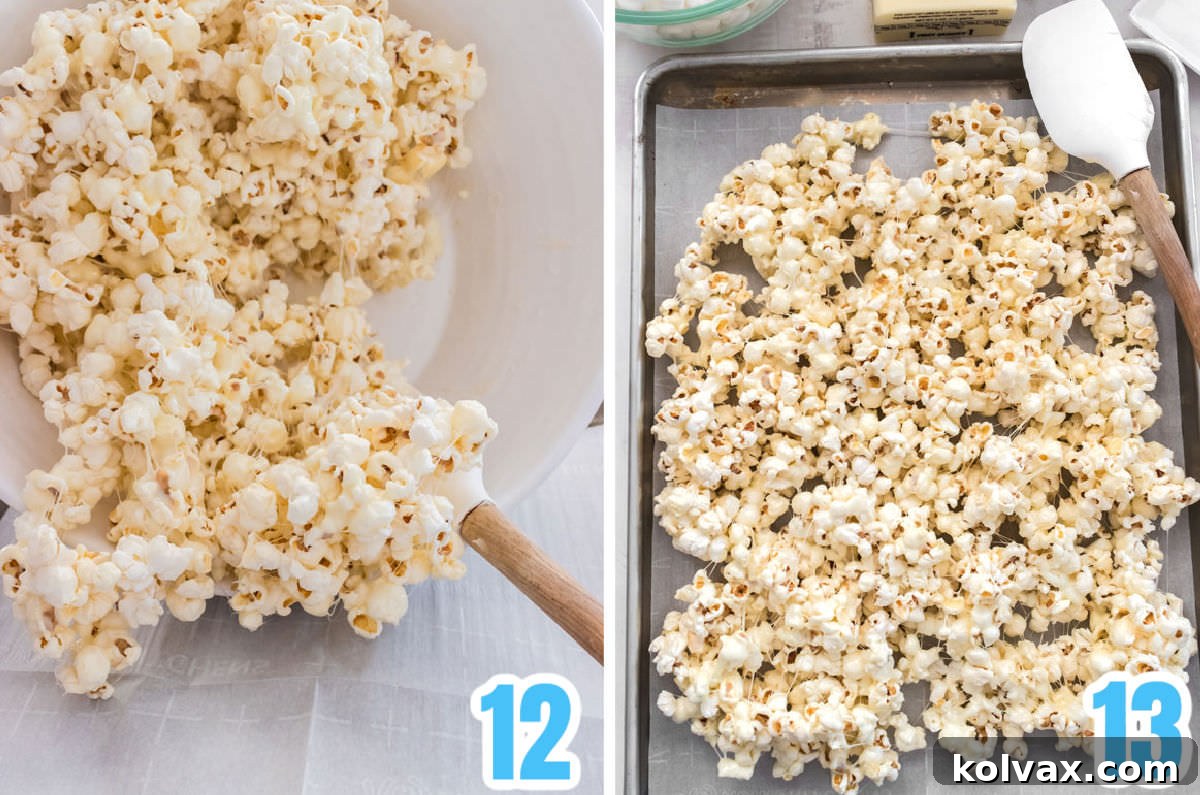A collage of images illustrating the process of pouring the marshmallow-coated popcorn onto a baking sheet, preparing it for the final additions.