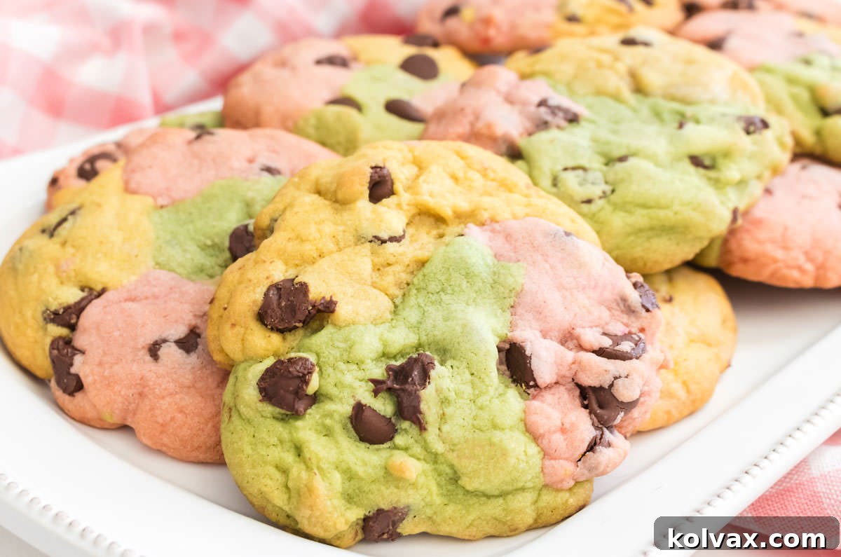 A batch of pastel colored Spring Marble Chocolate Chip Cookies on a white serving platter on a table covered with a pink plaid towel.