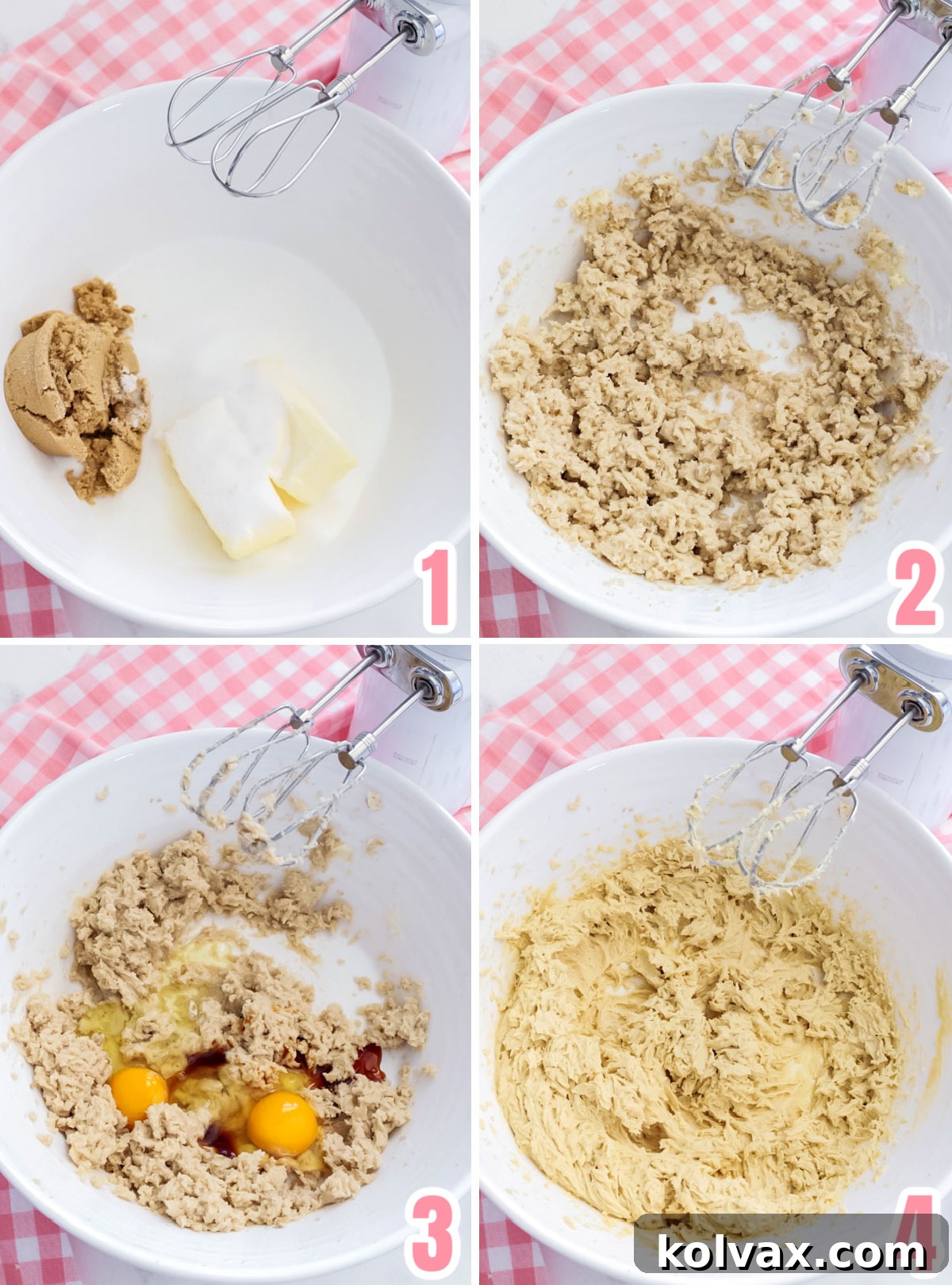 Collage image showing the steps for creaming the butter, sugar and eggs for the cookie dough.