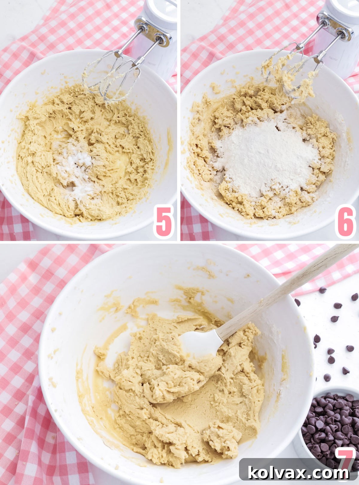 Collage image showing the steps for adding the dry ingredients to the cookie dough.