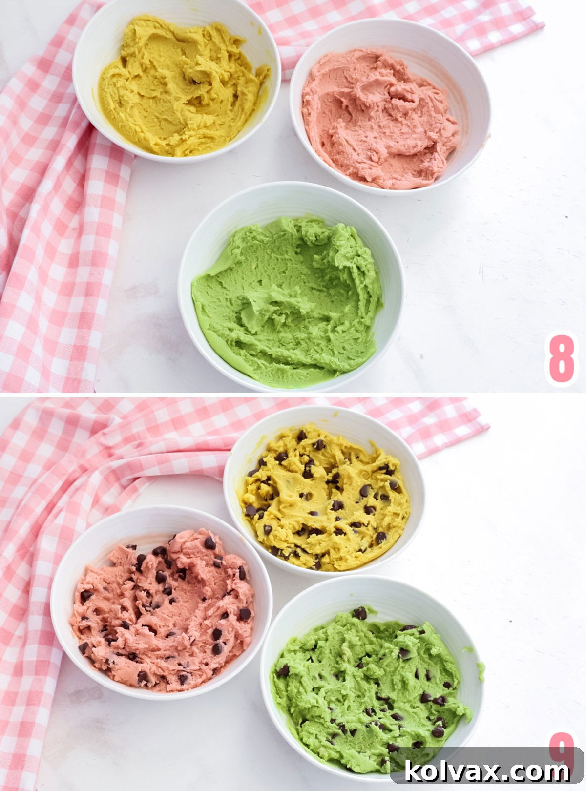 Collage image showing the steps for tinting the cookie dough pretty spring colors.