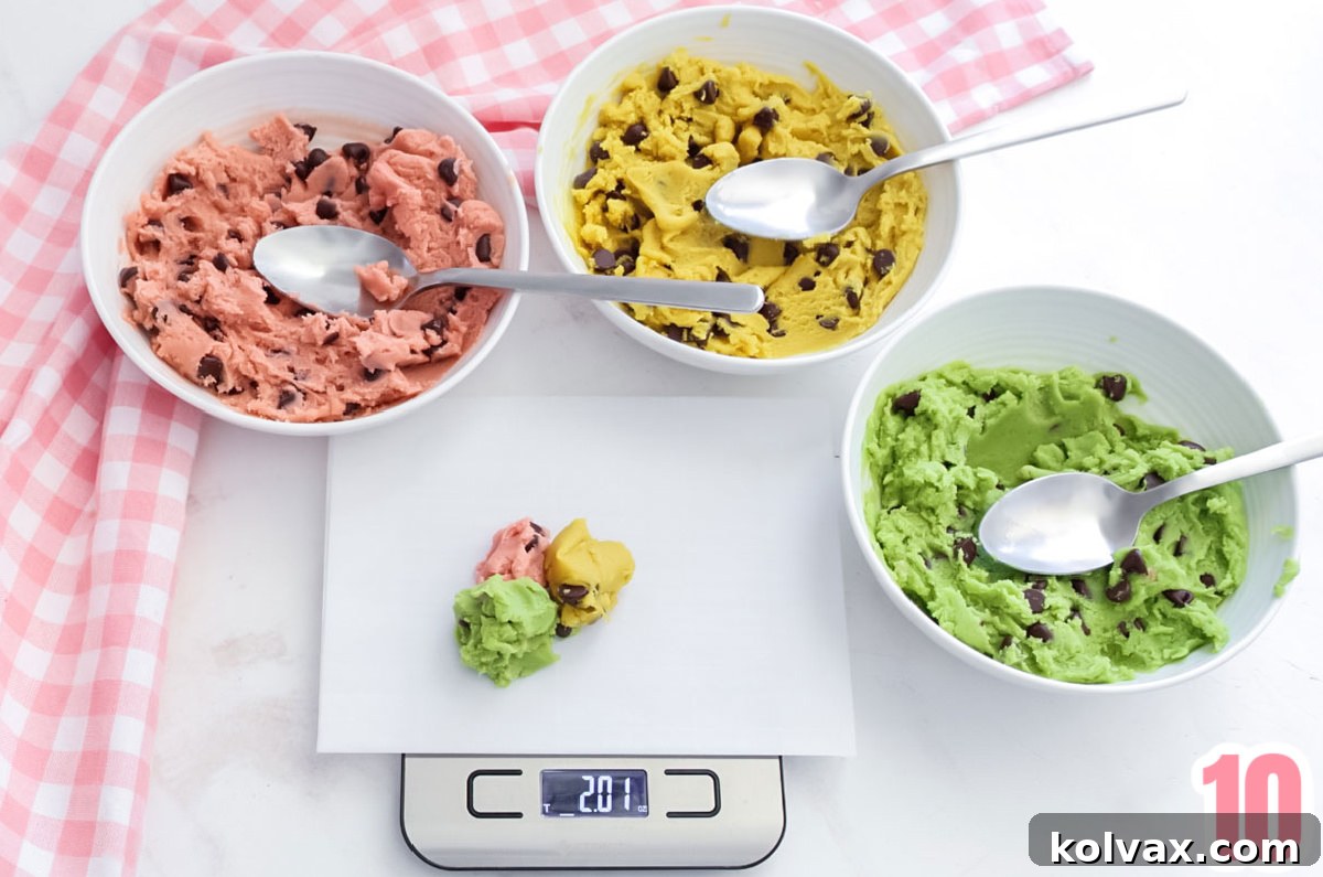 Three bowls filled with tinted cookie dough sitting on a white table beside a food scale.