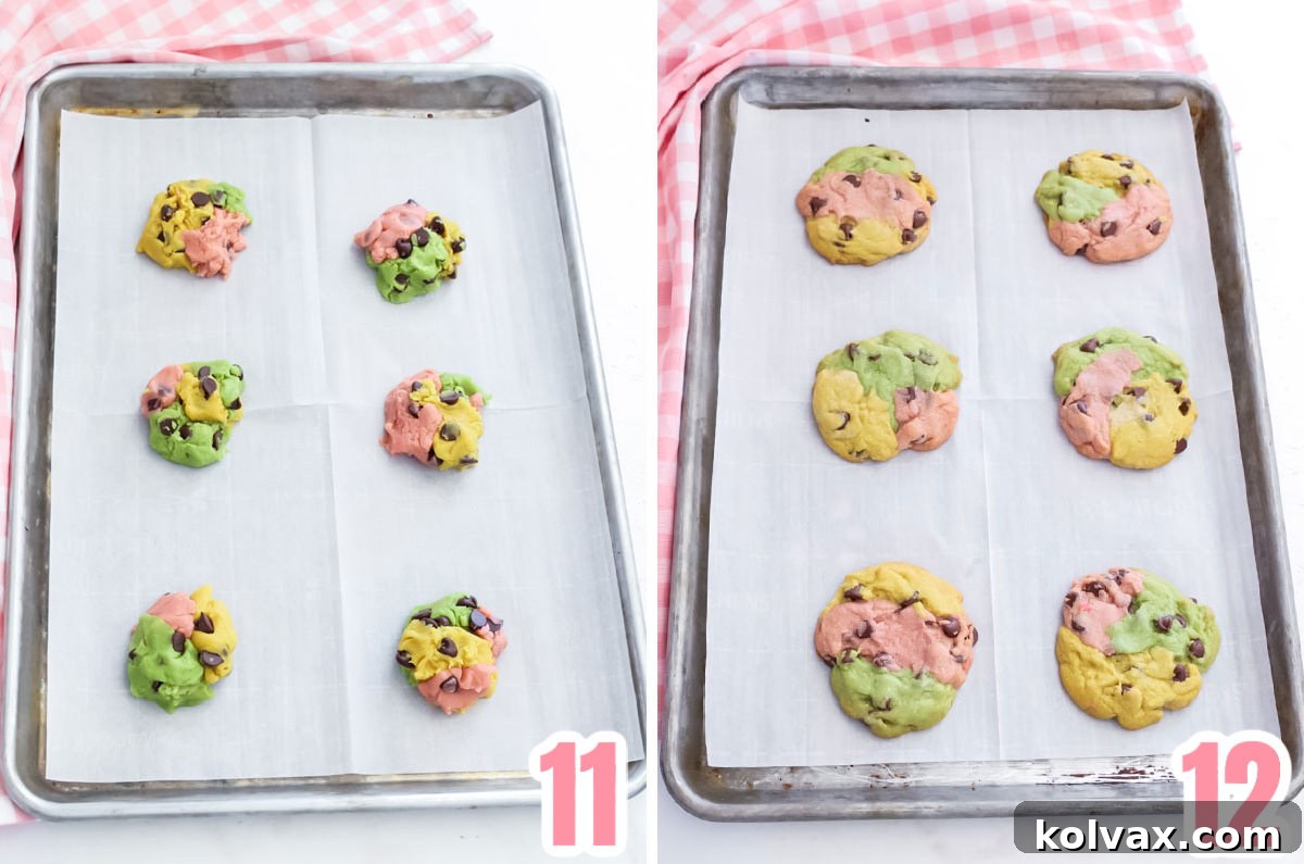 Collage image of a cookie sheet filled with marble cookie dough before going in the oven and after coming out of the oven.