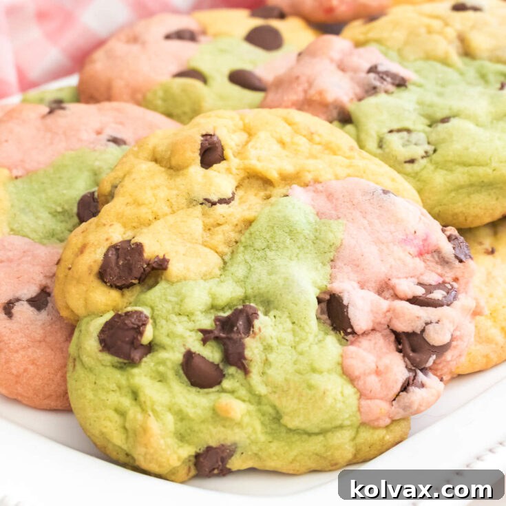 Closeup on a batch of Spring Marble Chocolate Chip Cookies sitting on a white serving platter.