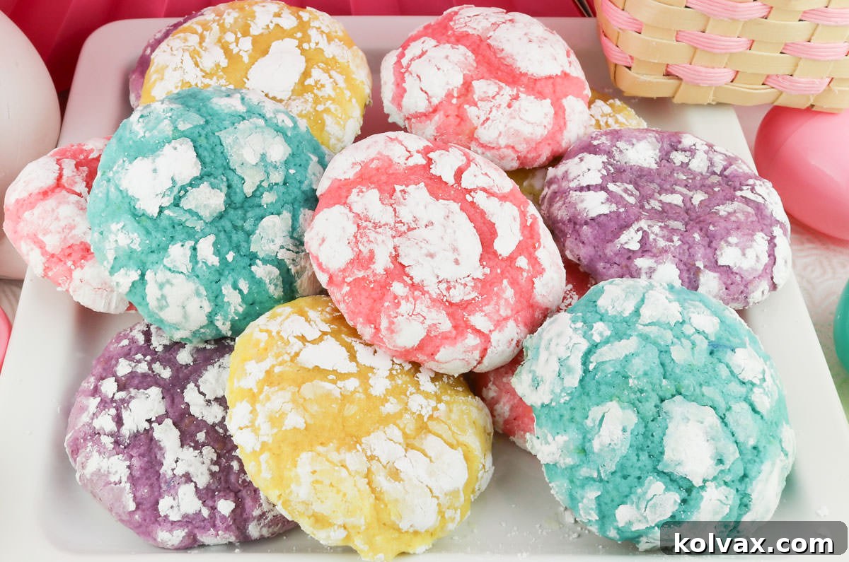 A close-up shot of several pastel-colored Lemon Crinkle Cookies arranged on a white plate, showcasing their signature crinkled texture and powdered sugar coating.