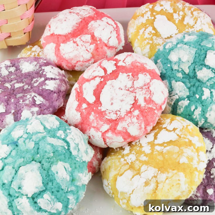 A beautifully arranged plate of Lemon Crinkle Cookies, showcasing various pastel colors and their perfectly crinkled, powdered sugar coating.