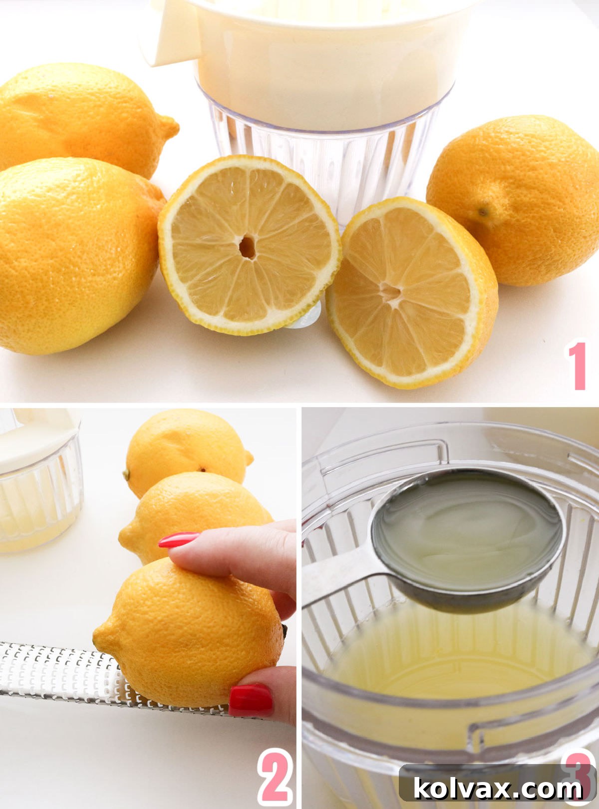 A visual guide showing how to zest lemons using a microplane and then juice them for the Lemon Crinkle Cookies recipe.