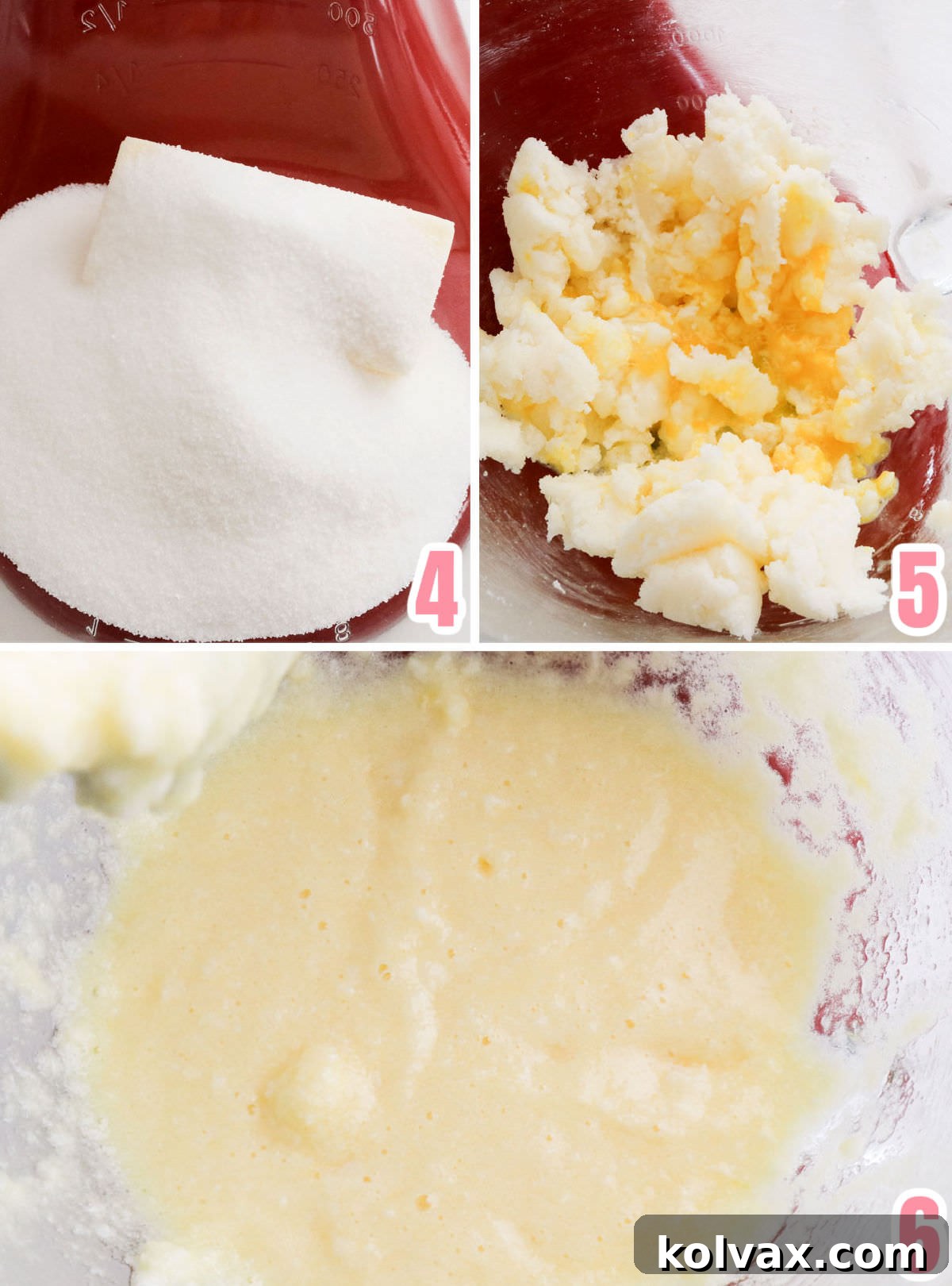 A three-panel collage showing the process of creaming softened butter and sugar, then adding eggs to create a light and fluffy base for Lemon Crinkle Cookies.