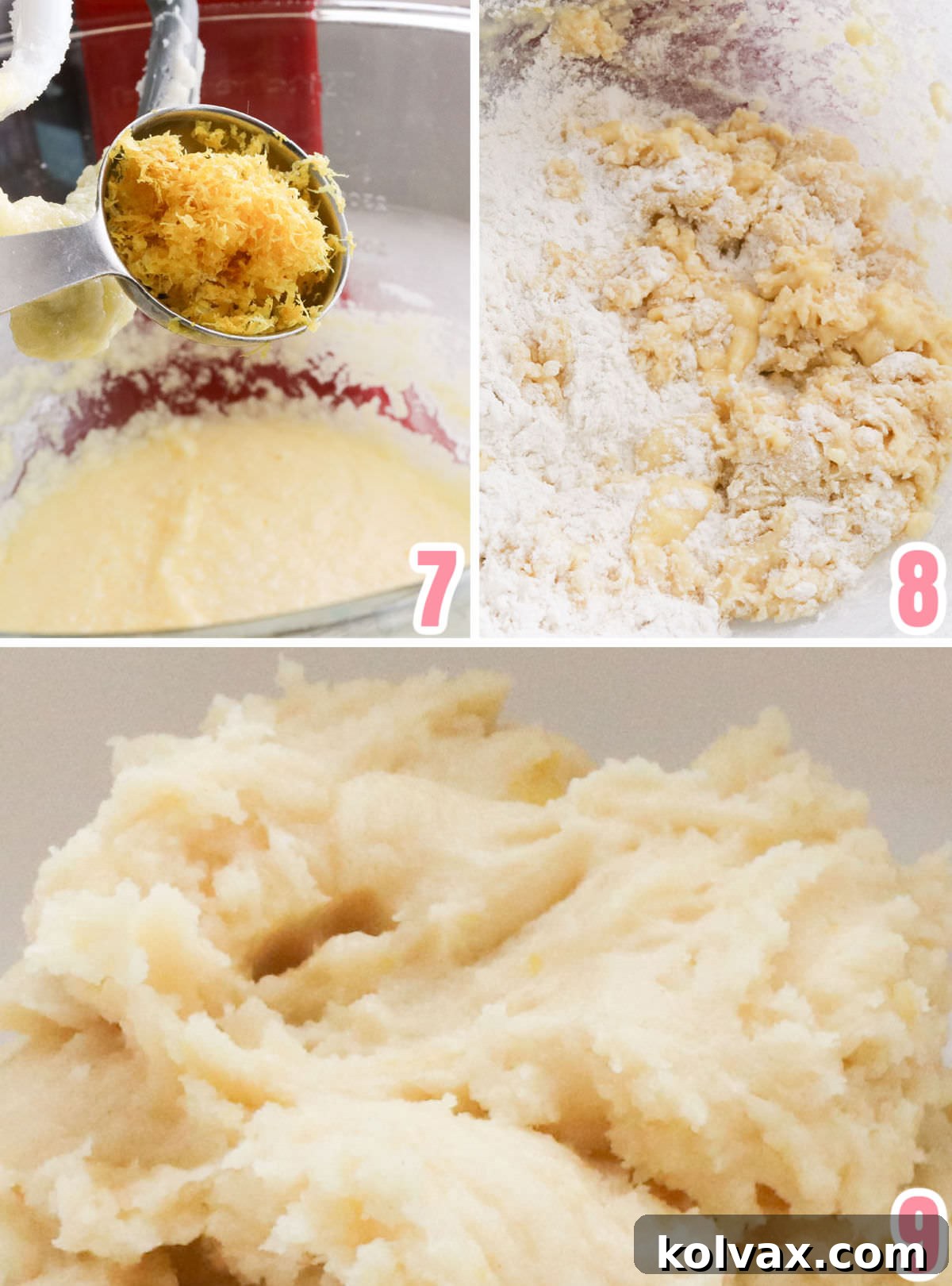 A collage demonstrating the addition of fresh lemon juice, lemon zest, and flour to the creamy cookie dough mixture for Lemon Crinkle Cookies.