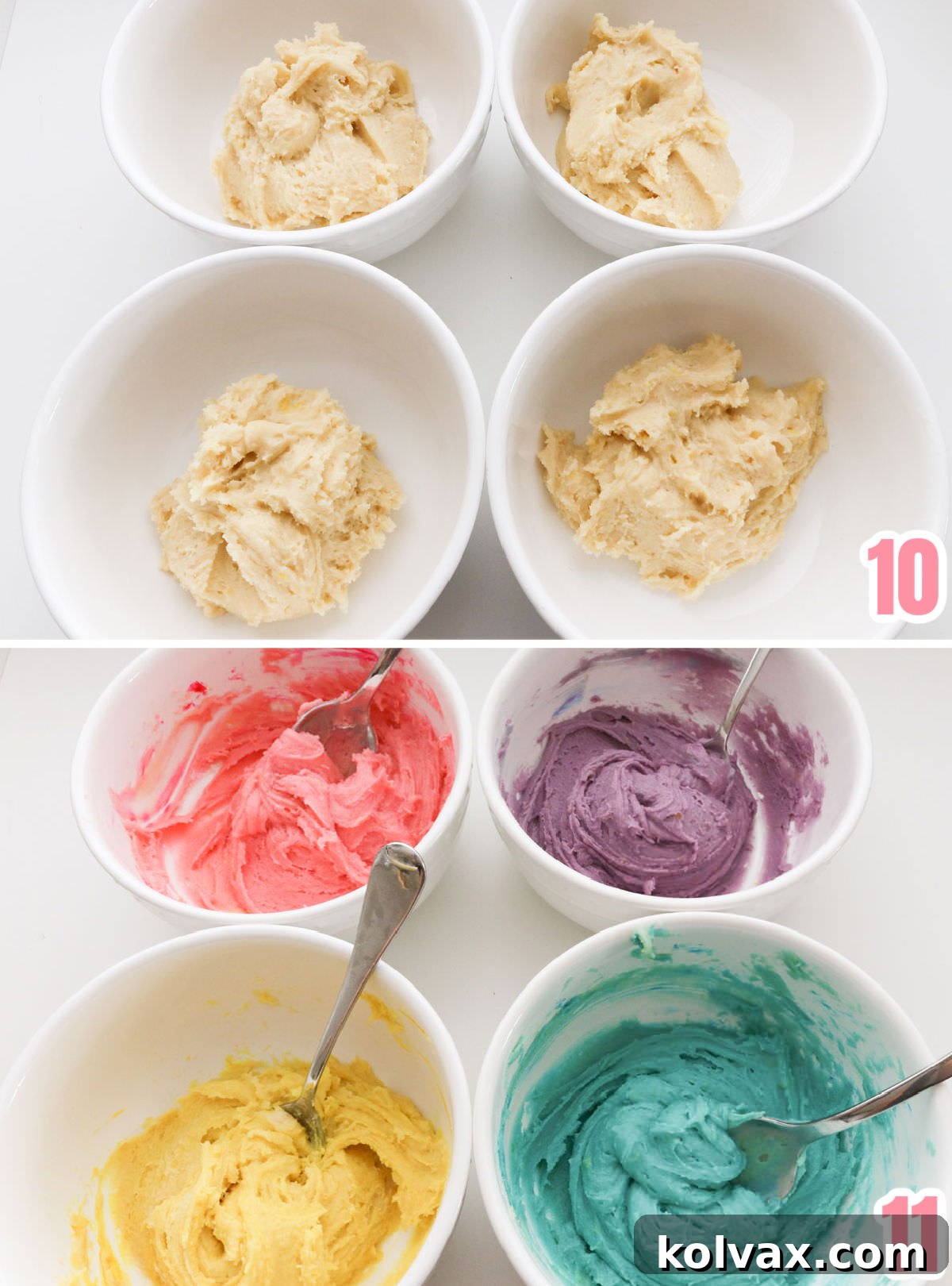 A four-panel collage illustrating the process of dividing the cookie dough and coloring each portion vibrant pink, blue, yellow, and purple for Lemon Crinkle Cookies.