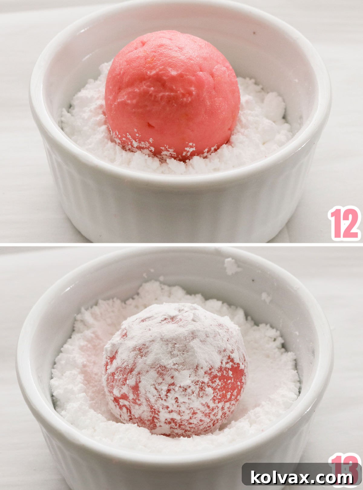 A collage showing how to form the Lemon Crinkle Cookie dough into balls and generously roll them in powdered sugar before baking.