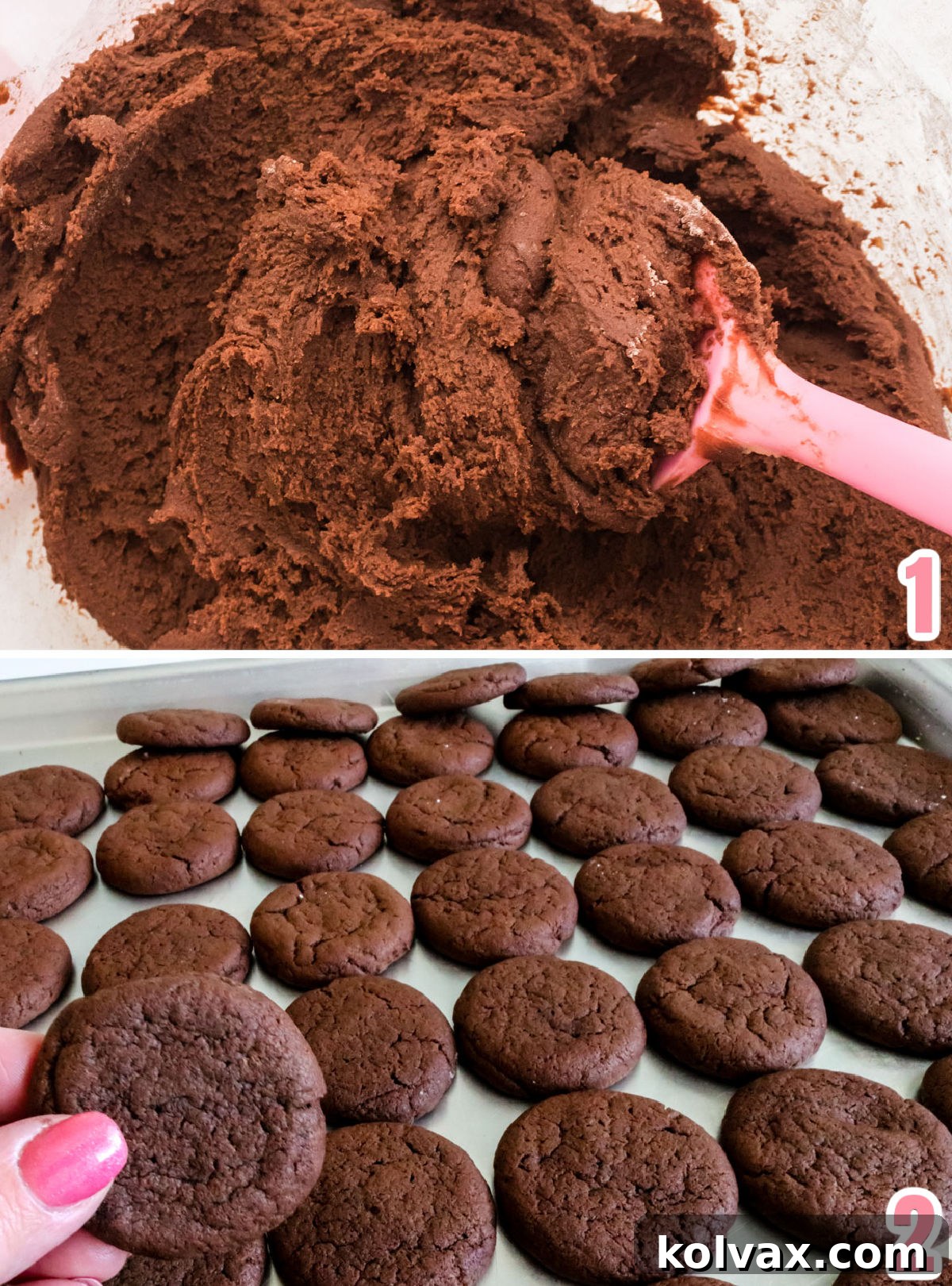 Collage image displaying rich chocolate cookie dough in a clear glass bowl, alongside golden-brown chocolate cookies neatly arranged on a baking sheet, fresh out of the oven.