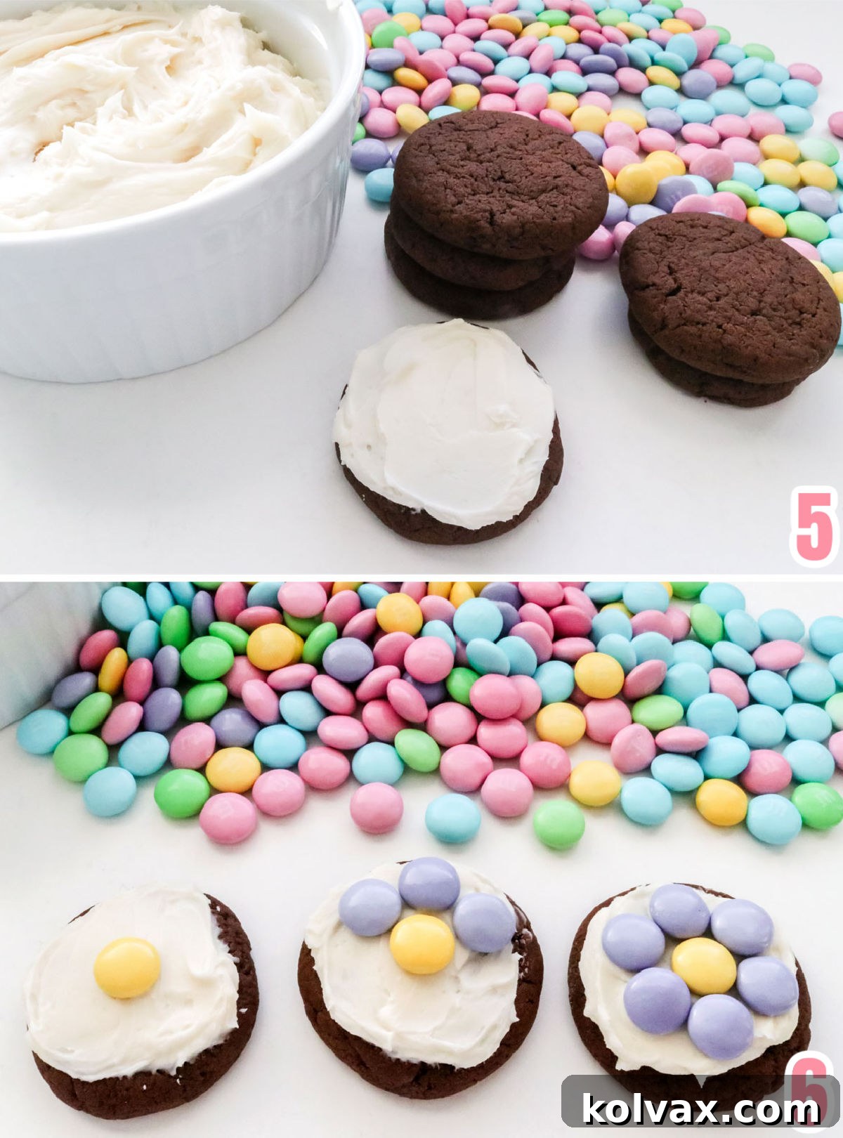 A detailed collage demonstrating the step-by-step process of frosting and meticulously decorating the M&M Flower Chocolate Cookies.
