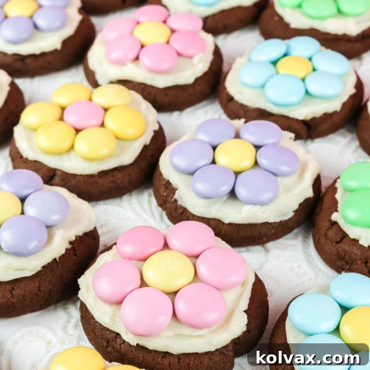 A stunning plate of M&M Flower Chocolate Cookies, showcasing their vibrant colors and perfect frosting, ready for a festive occasion.