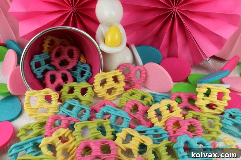 Vibrant array of Springtime Pretzels, sweet, crunchy, and perfect for Easter.