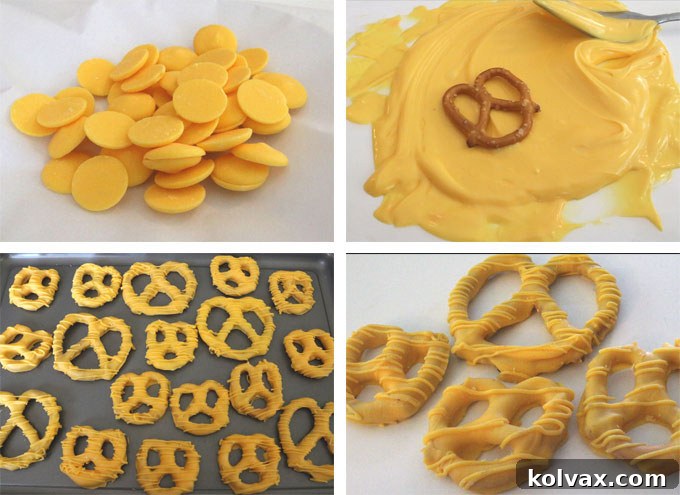 Instructions for making yellow candy-coated pretzels, showing the dipping and drizzling process