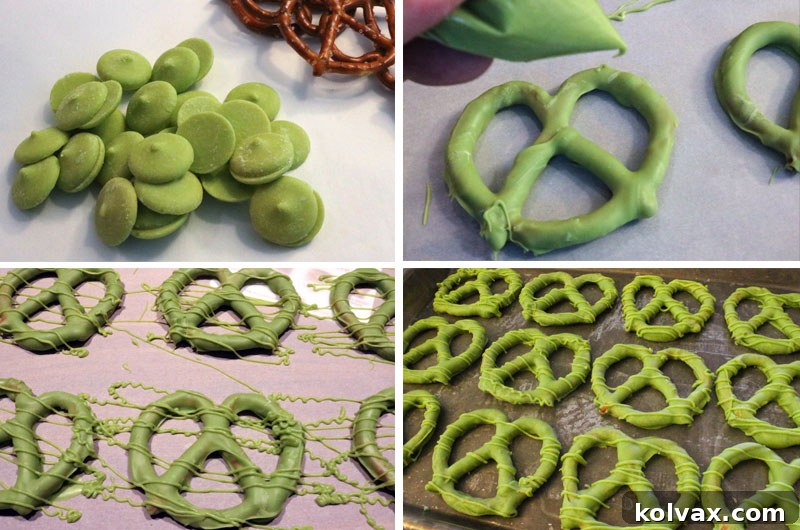 Guide to creating green candy-coated pretzels, including melting and decorating tips