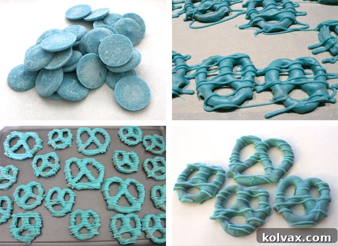 How to make blue candy-coated pretzels, detailing the dipping and drying stages