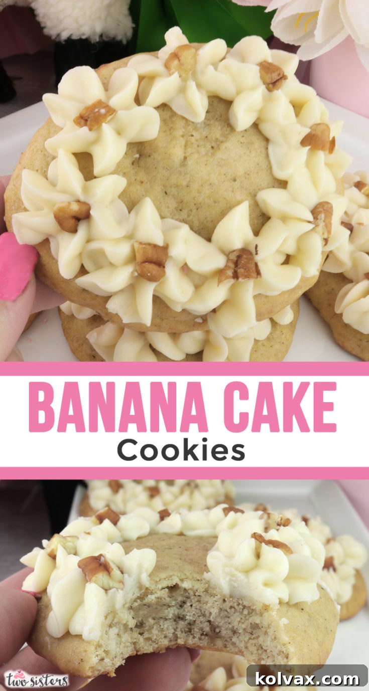 Pinnable image for Banana Cake Cookies with Cream Cheese Frosting