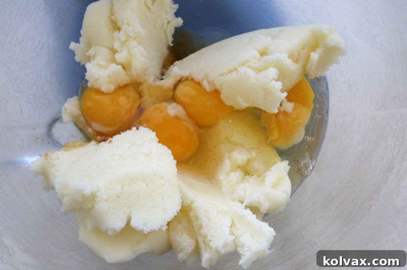 Cookie dough in a large bowl, showcasing its creamy, light texture after butter and sugar have been creamed