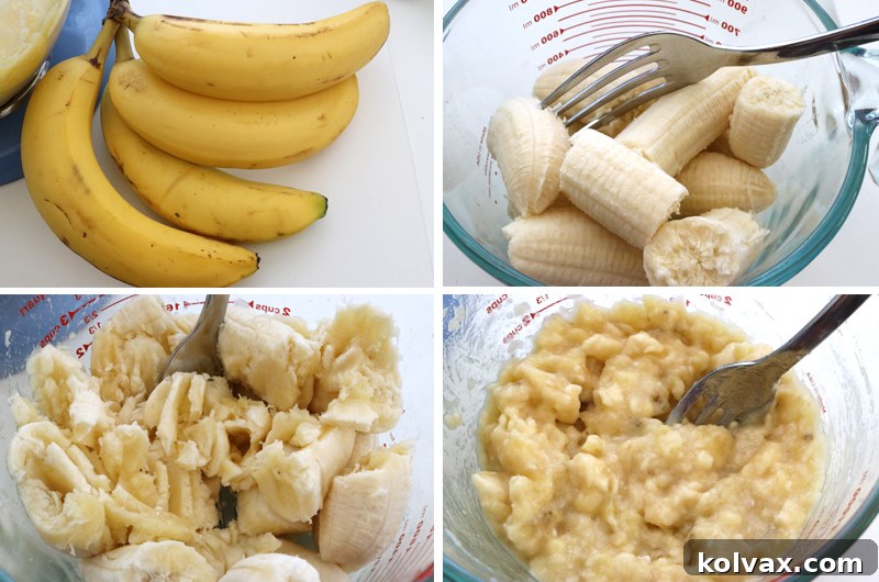 Mashed ripe bananas being added to the creamy butter, sugar, egg, and vanilla batter